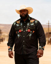 Big & Tall Men's Western Black Floral Print Long Sleeve Shirt Pants Set